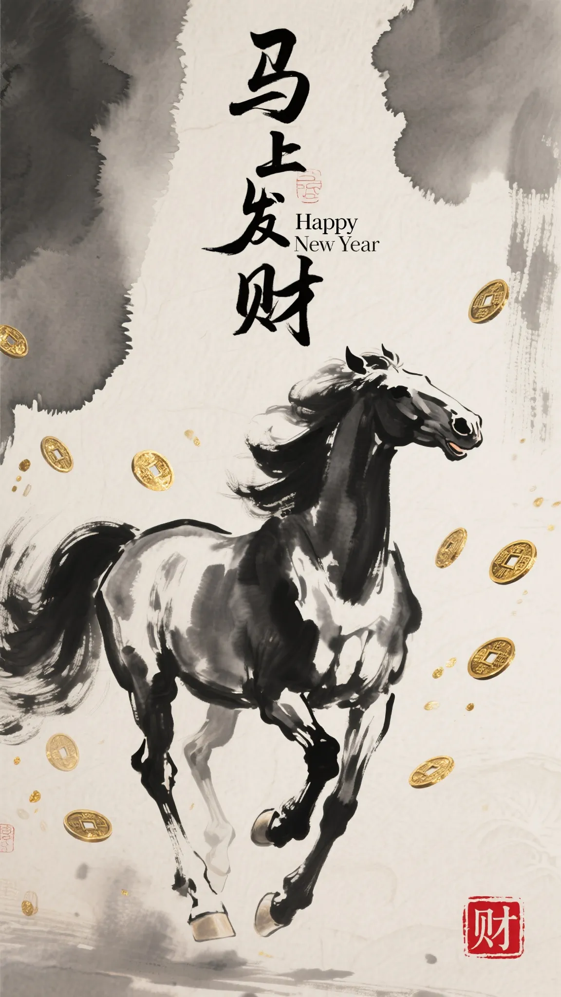 中国水墨画风格，一匹奔腾的骏马，马身由浓淡不一的墨迹构成，墨迹中