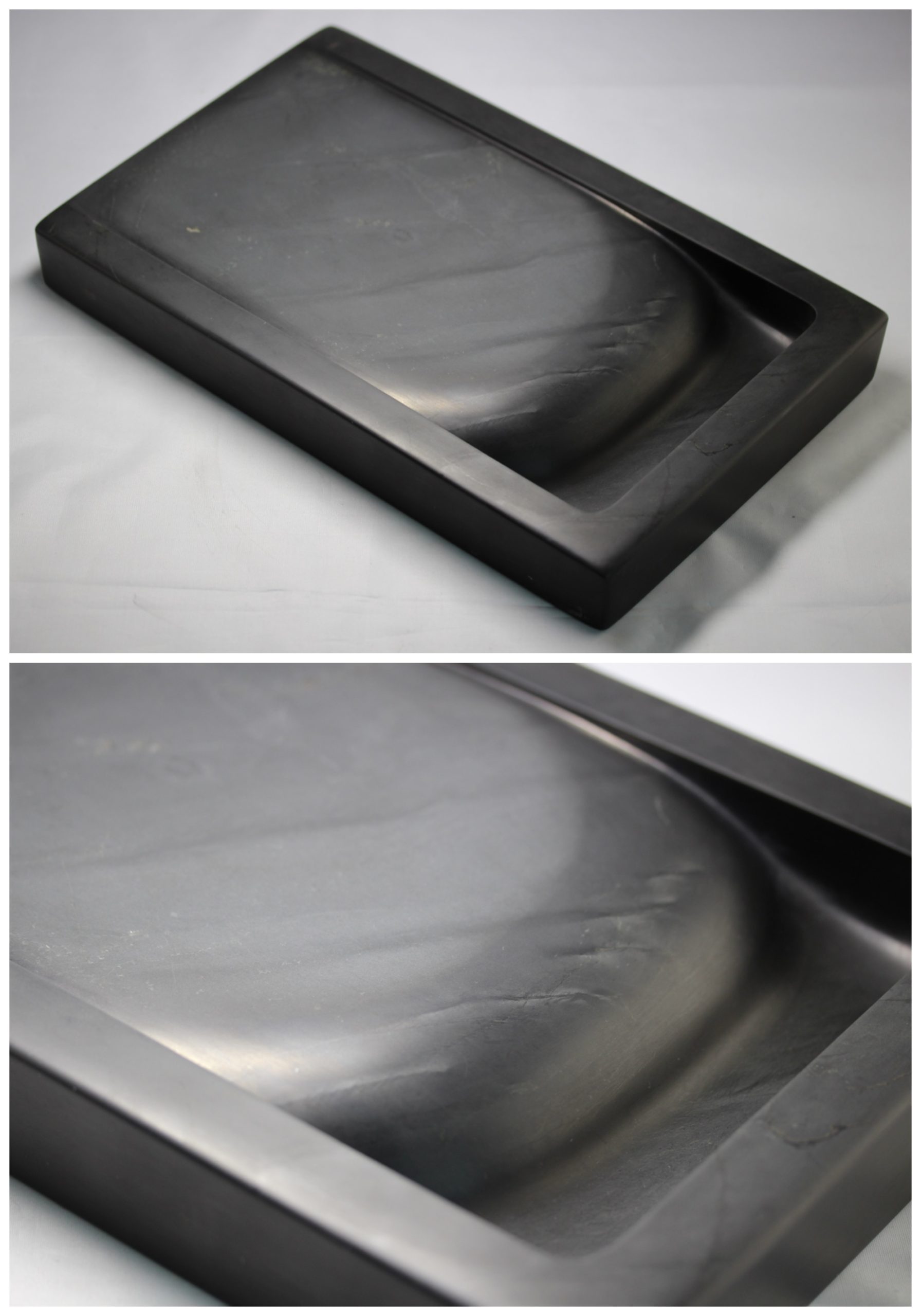 ヘコ】 ◇歙州抄手硯（水波眉子紋・銀花紋／十吋／唐木箱）◇書画筆6本