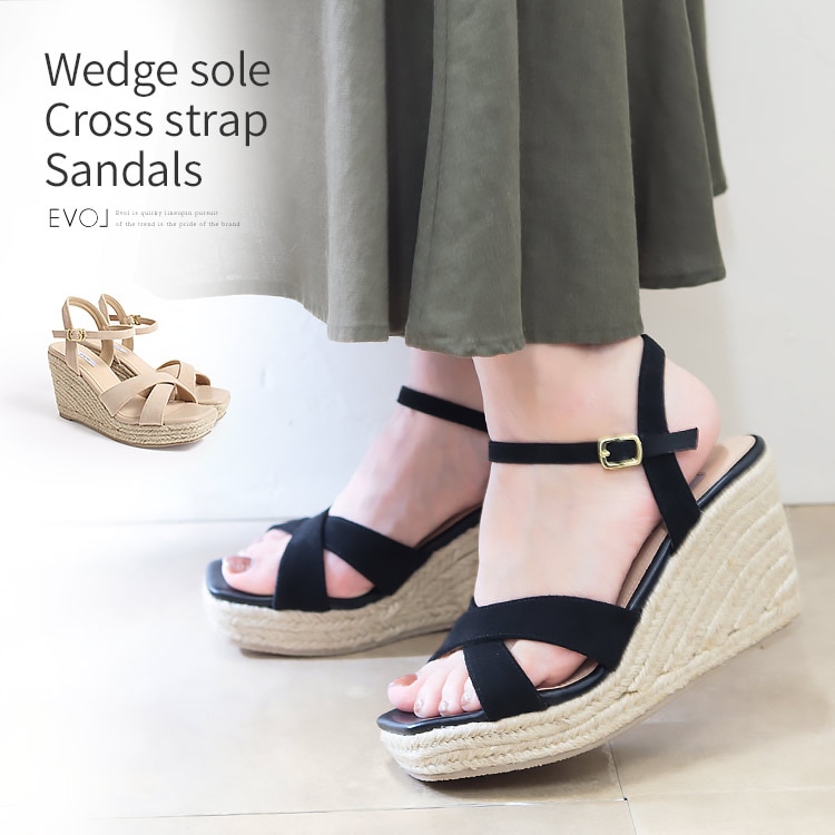 サンダル ウエッジソール ハイヒール アンクルストラップ スクエアトゥ