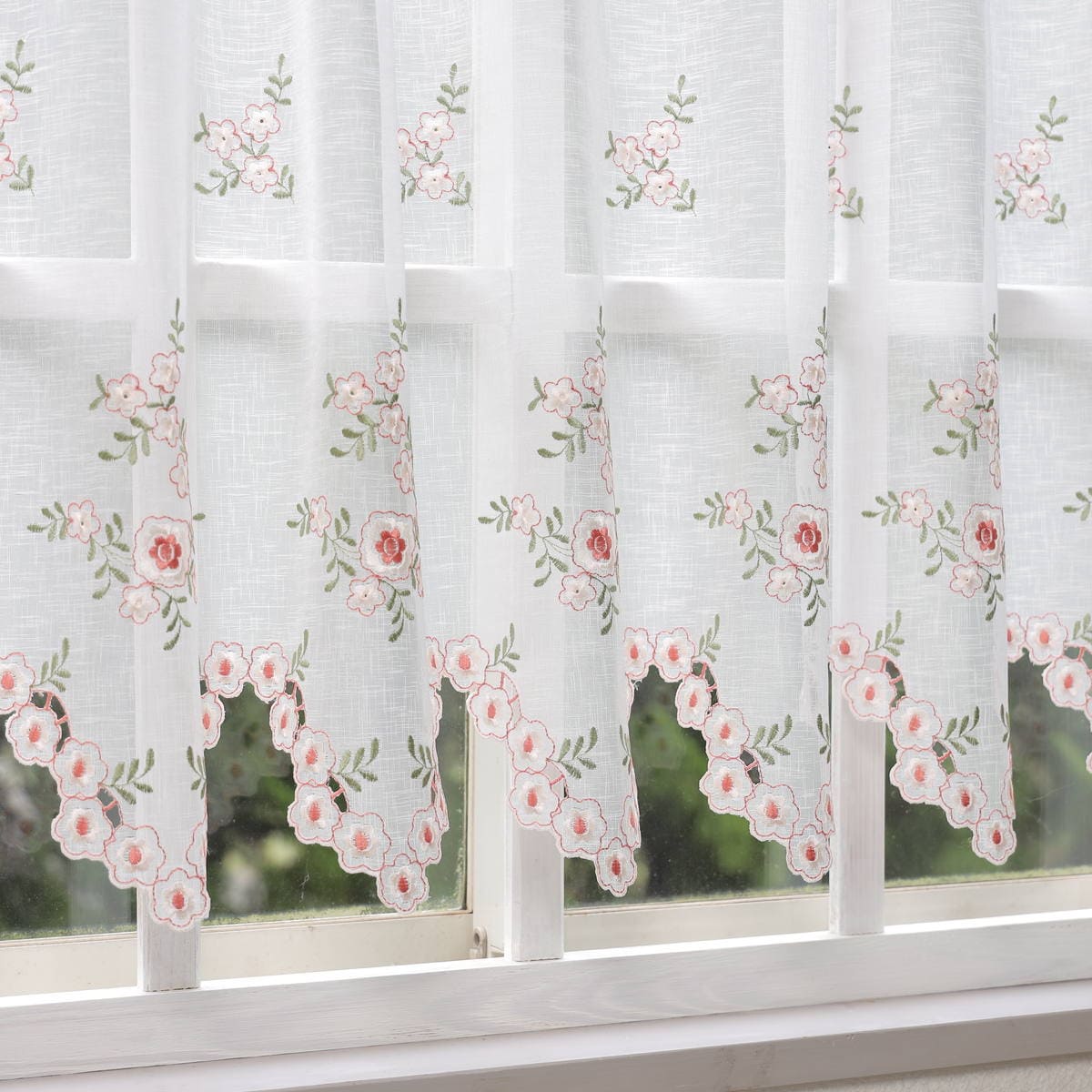 フラワー刺繍 カフェカーテン 約130×90cm｜インテリアレース・テーブル