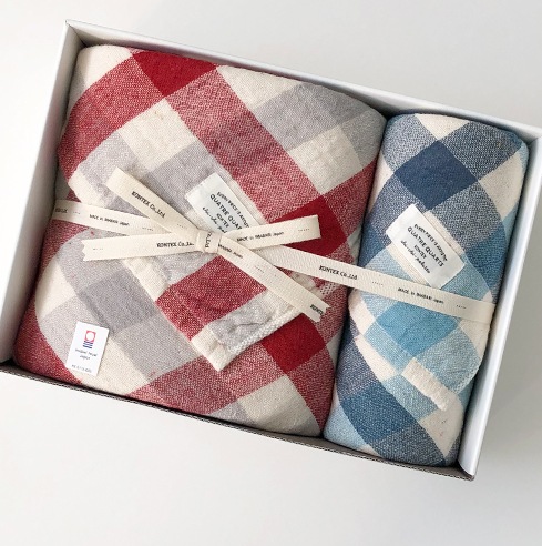 ブロックチェックギフトセット（バスタオル×1、フェイスタオル×1