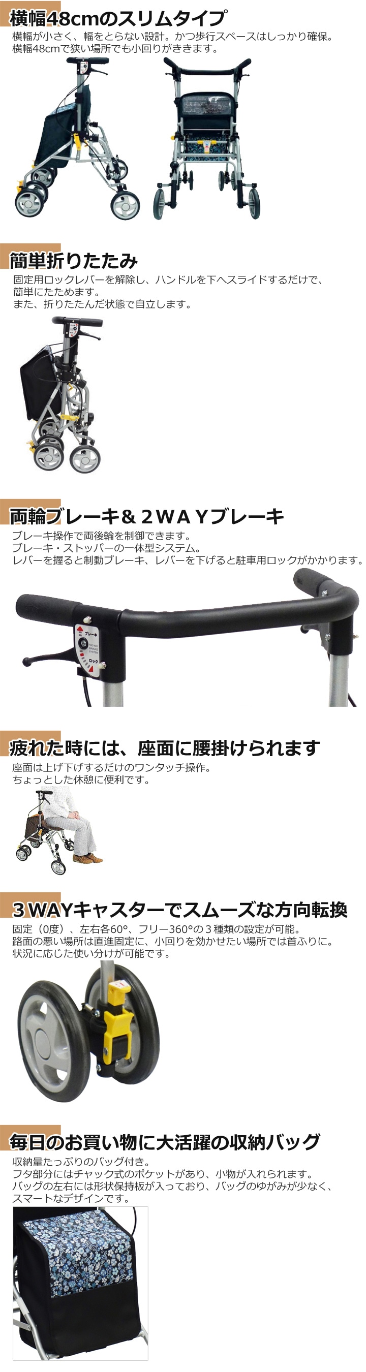 四輪歩行車 シンフォニーSP スリム［花柄紺］ 316417【島製作所