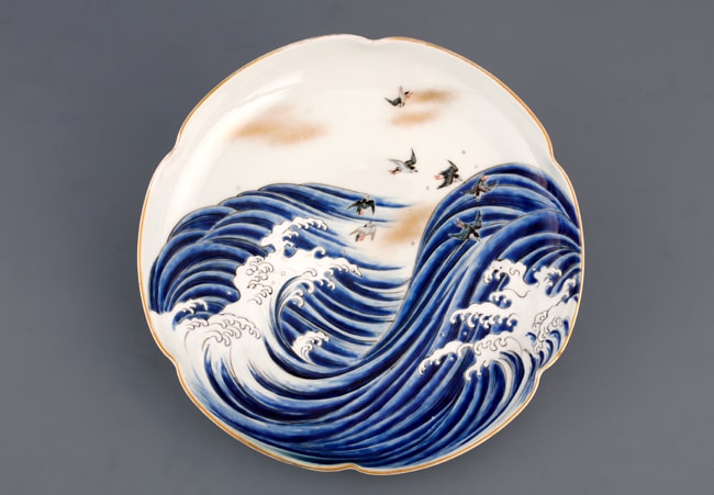 明治手描き夫婦雁と牡丹大皿2枚縁起時代〈検 横濱焼隅田焼眞葛焼