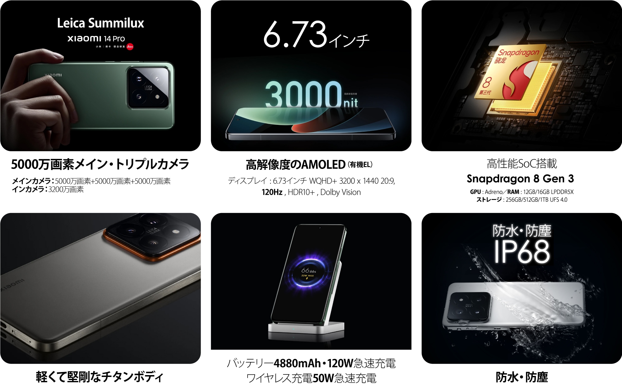 Xiaomi 14 Pro 中国版 【6.73インチ2K・SD8 Gen3・120W充電・可変絞り