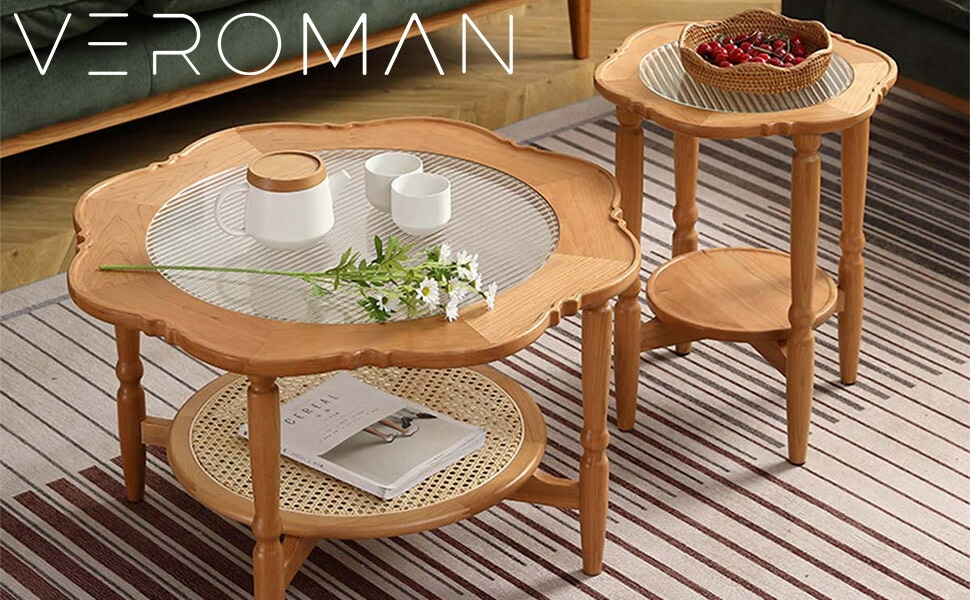 大] VeroMan ラタン編みサイドテーブル ローテーブル テーブル セット