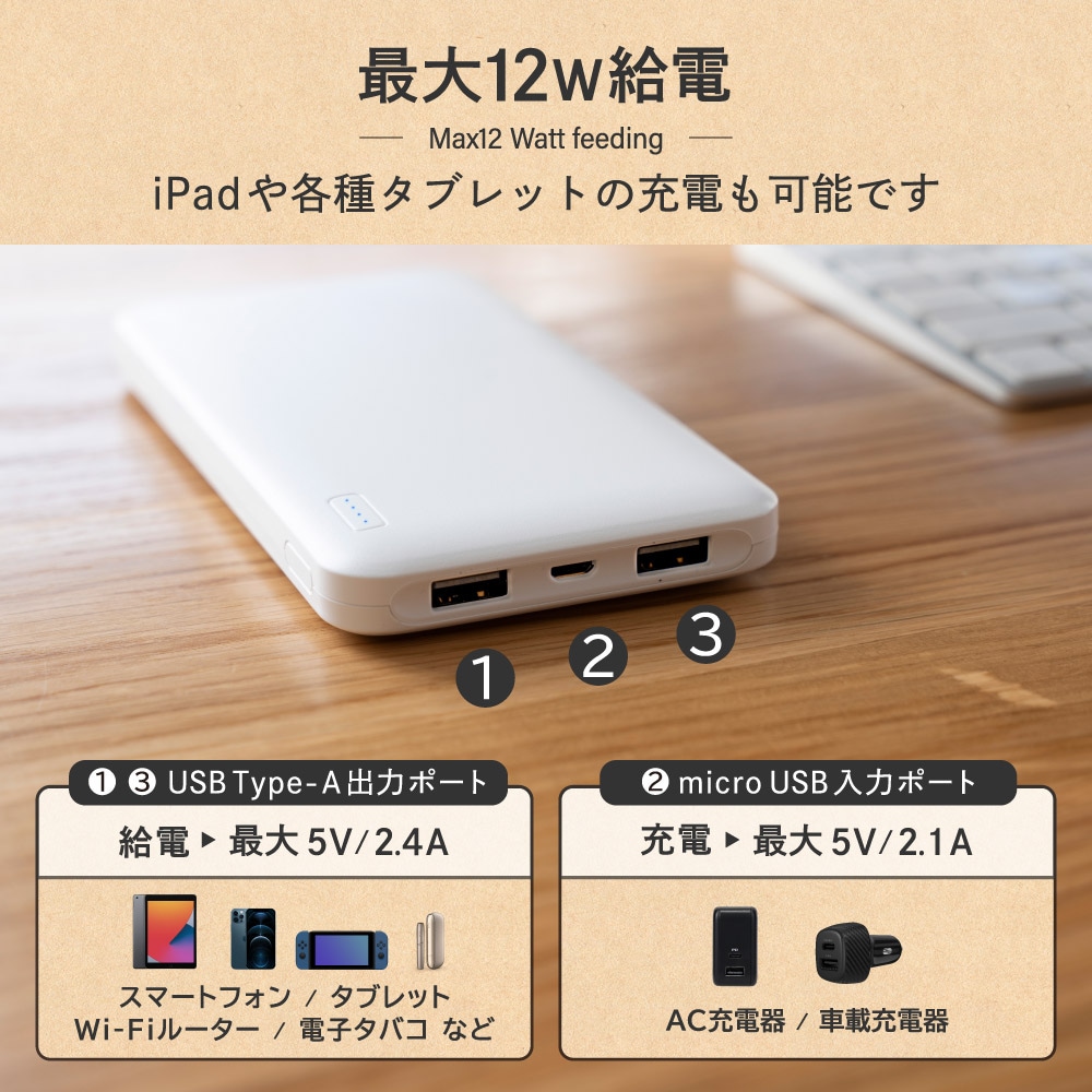 モバイルバッテリー 薄くて大容量10000mAh SmartIC搭載 PSE適合商品
