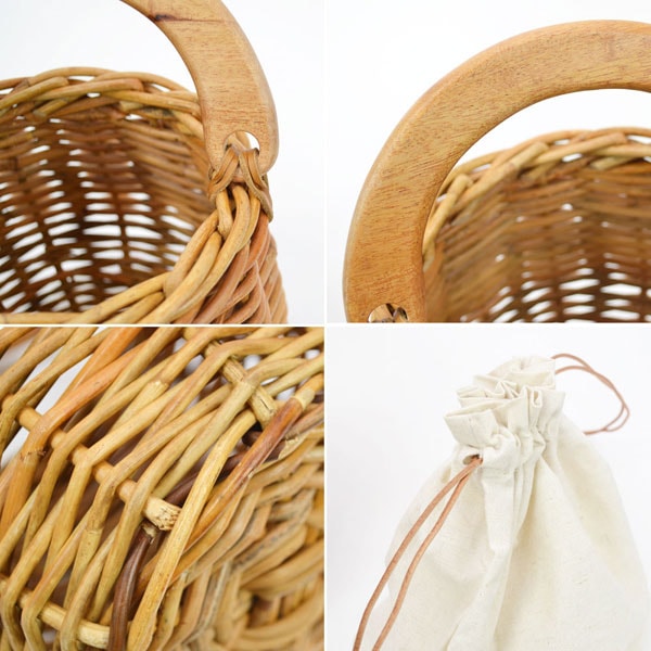 アラログ ウッドハンドル ラウンドバッグ かごバッグ 籐 木