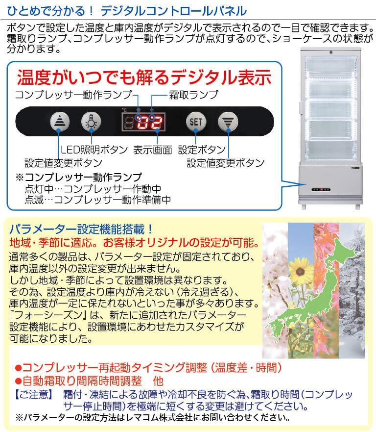 レマコム 4面ガラス冷蔵ショーケース フォーシーズン 卓上・小型 105L