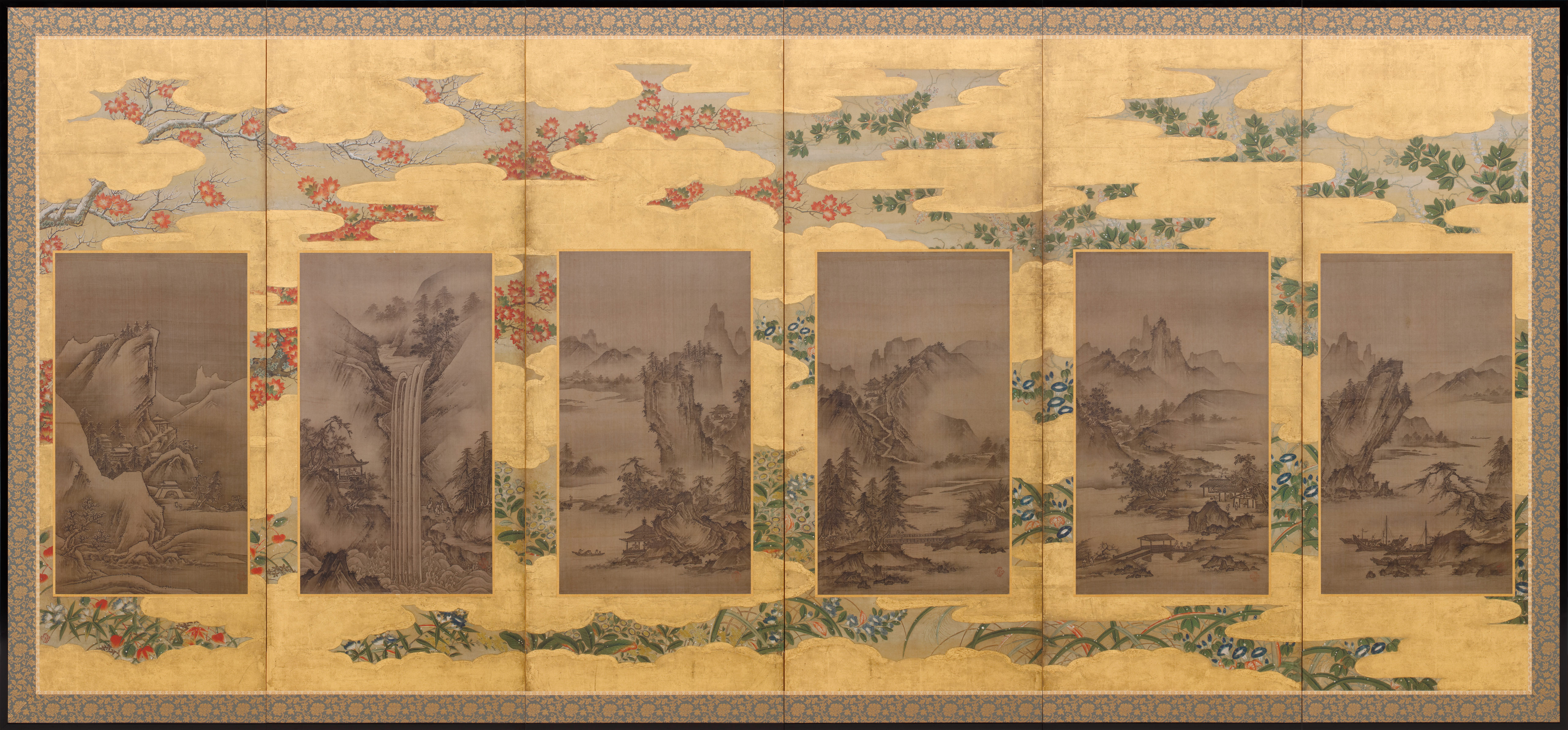 四季花木草花下絵山水図押絵貼屏風｜作品紹介｜キヤノン 綴