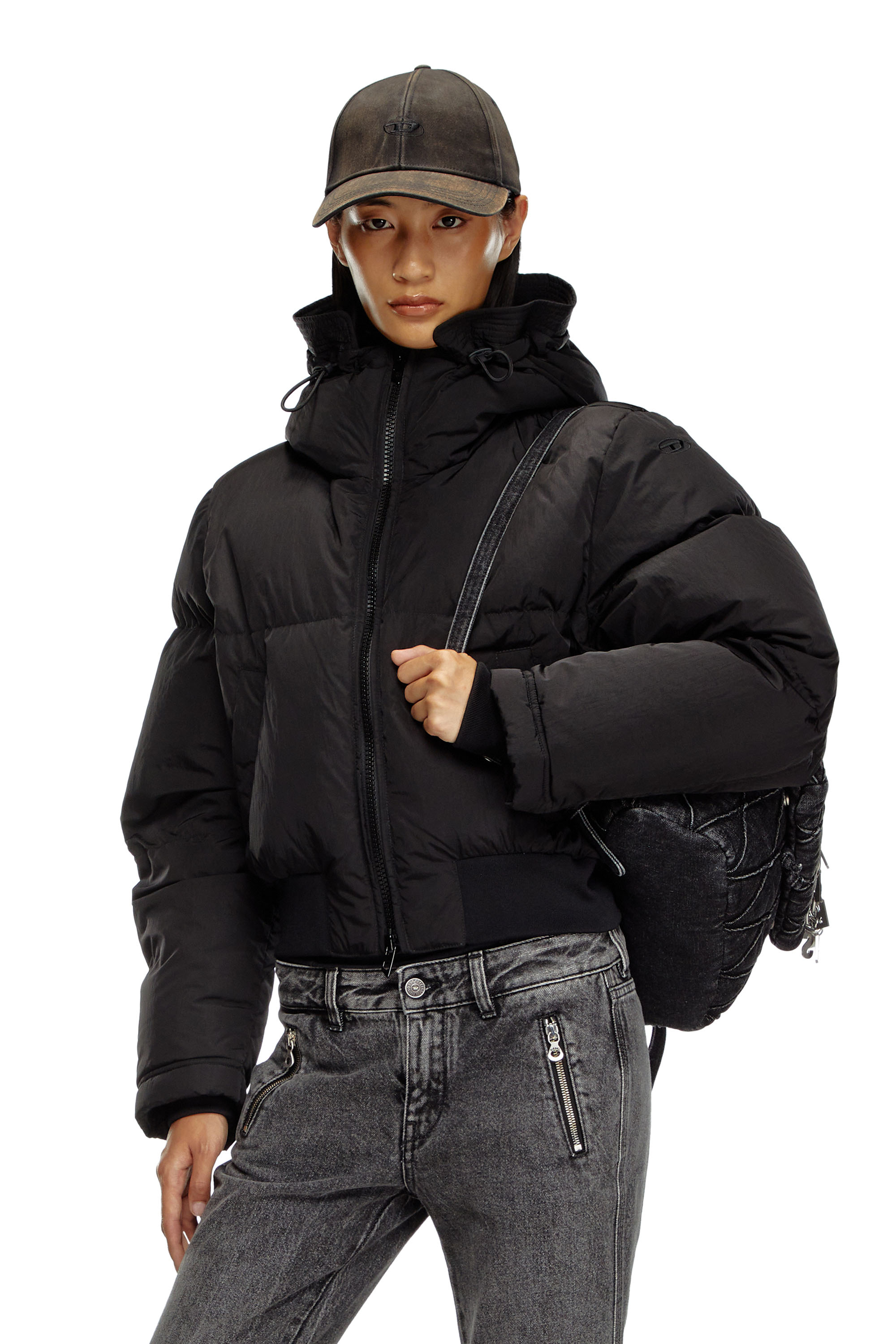 Women's Hooded down jacket in crinkled nylon | Black | Diesel