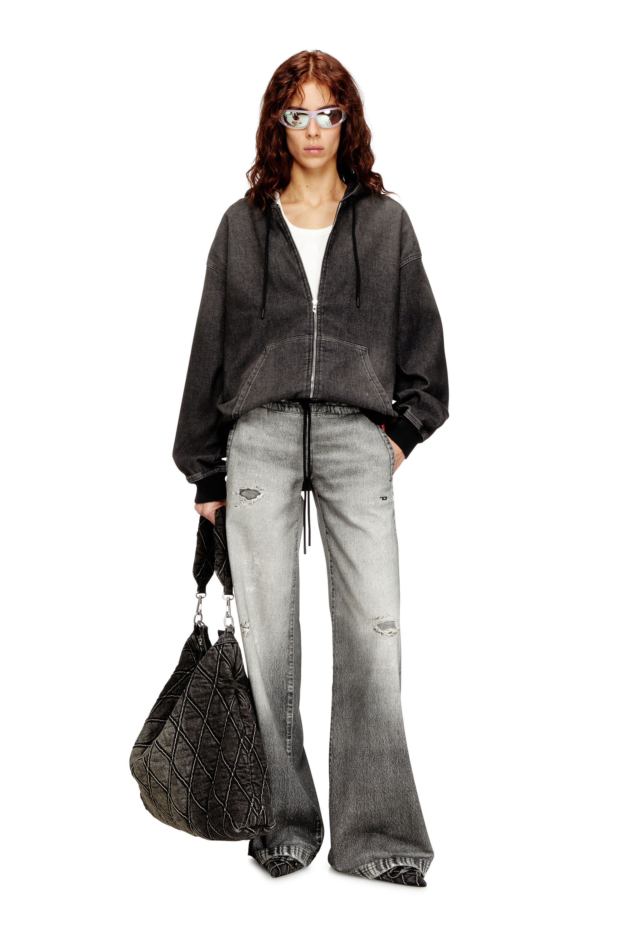 Women's Zipped hoodie in dirt-effect Track Denim | Black | Diesel