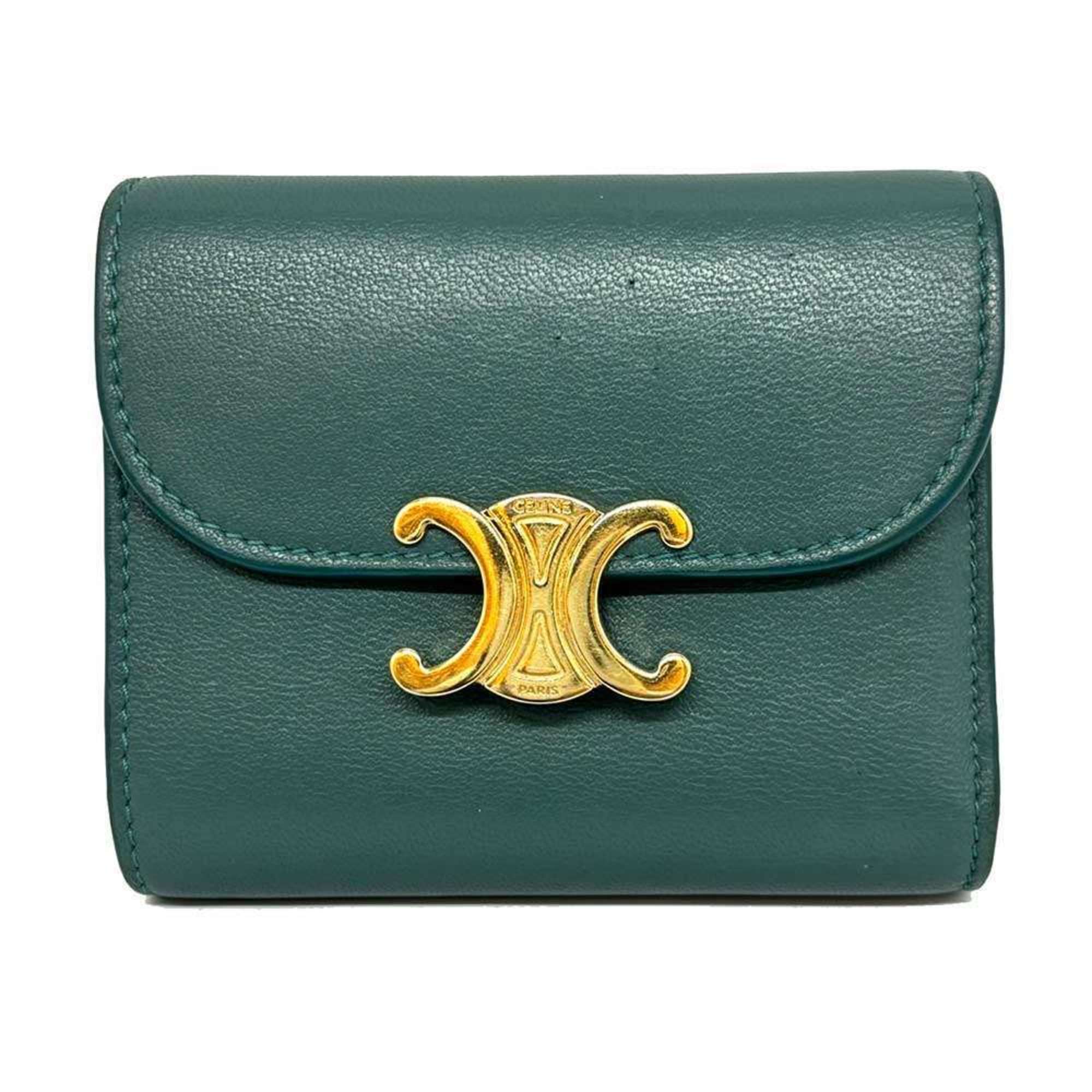 Celine Triomphe Small Flap Wallet Bi-fold Green Leather 10D783DPV