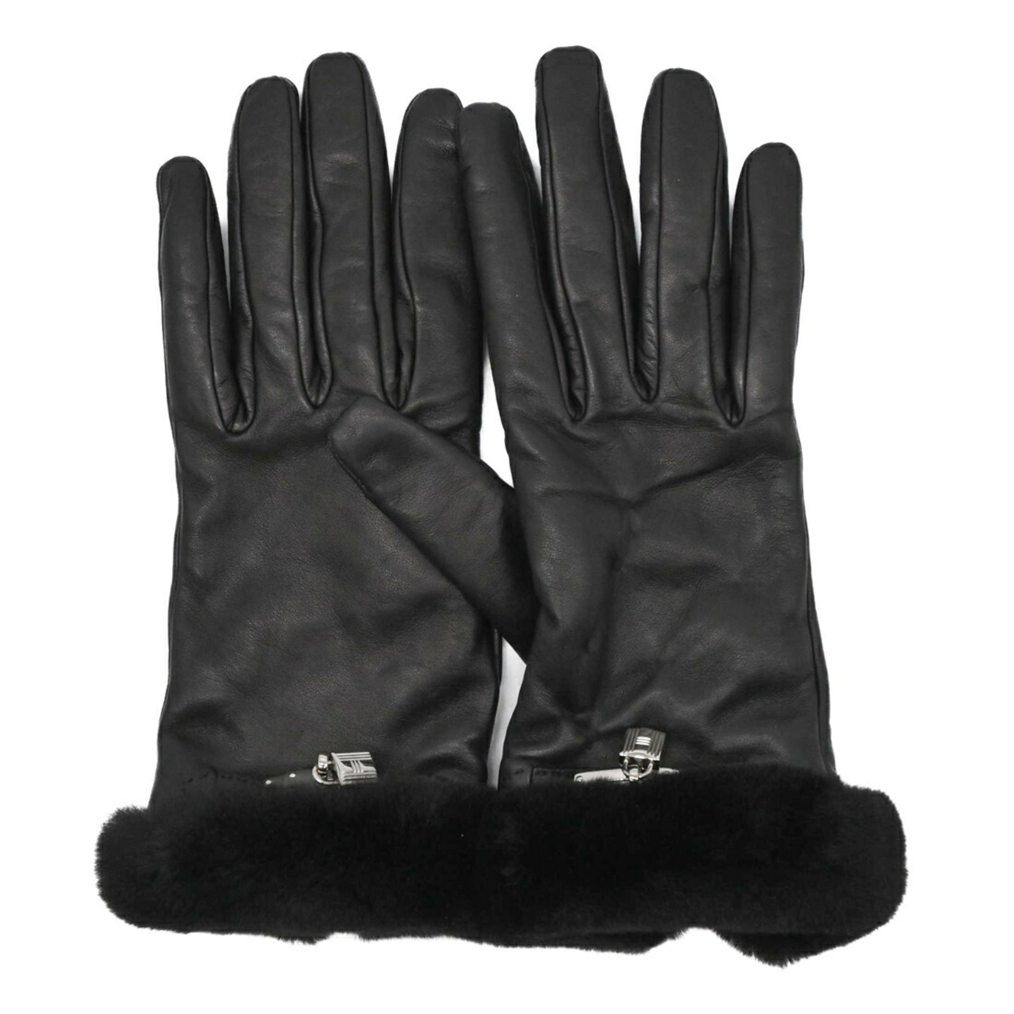 HERMES Kelly Gloves, Lamb Leather, Cashmere, Mink Fur, Black, #7