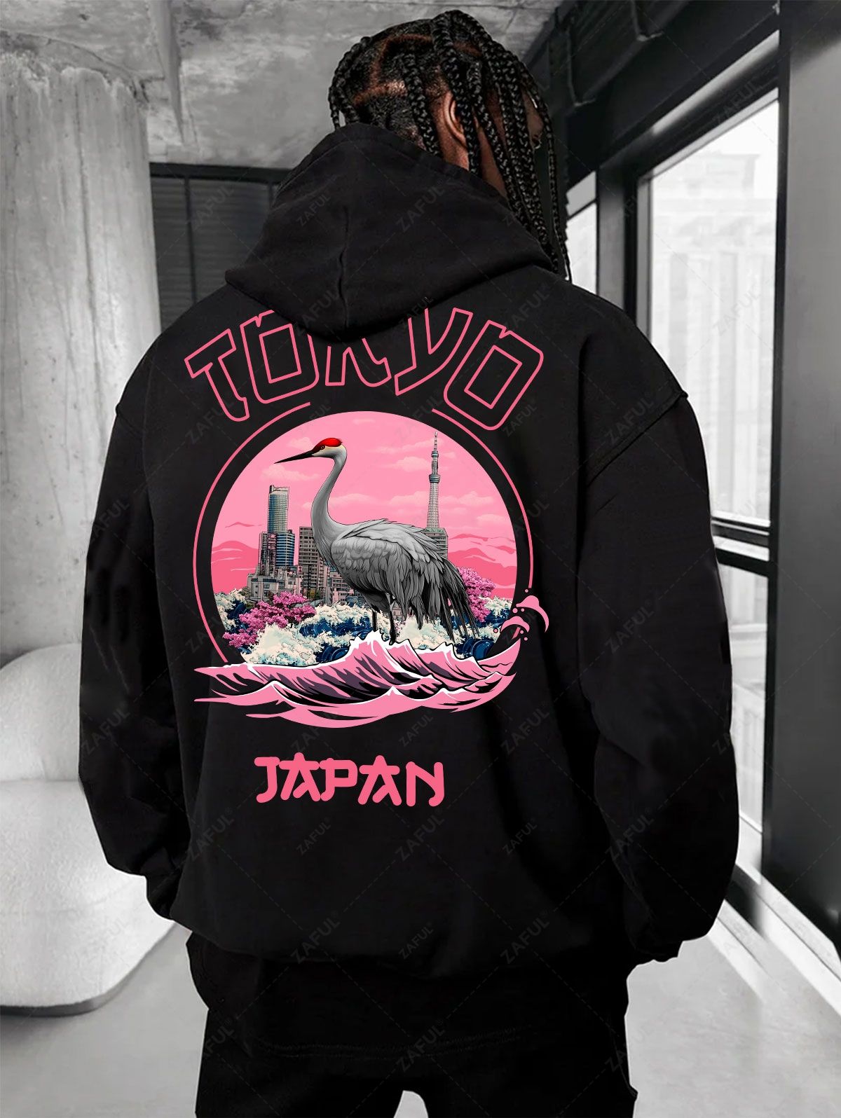 Men's Japan Letter Floral Crane Graphic Pattern Fuzzy Fleece-lined