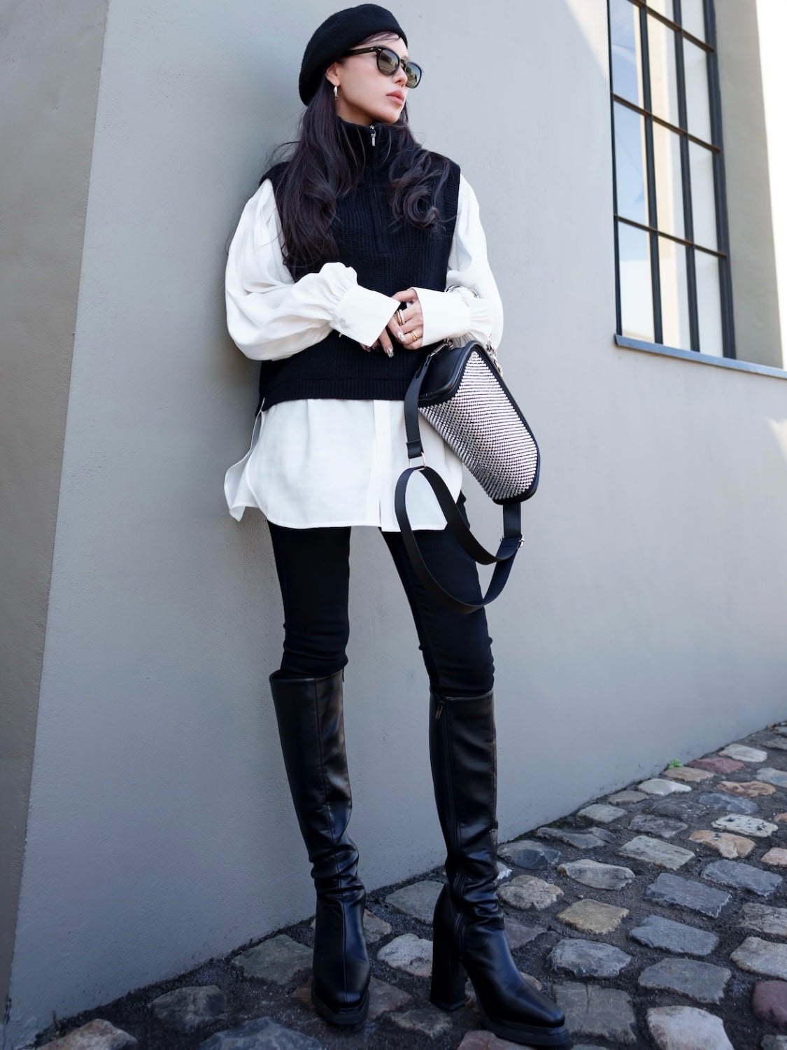 Ecoレザー ダブルピース ロングブーツ