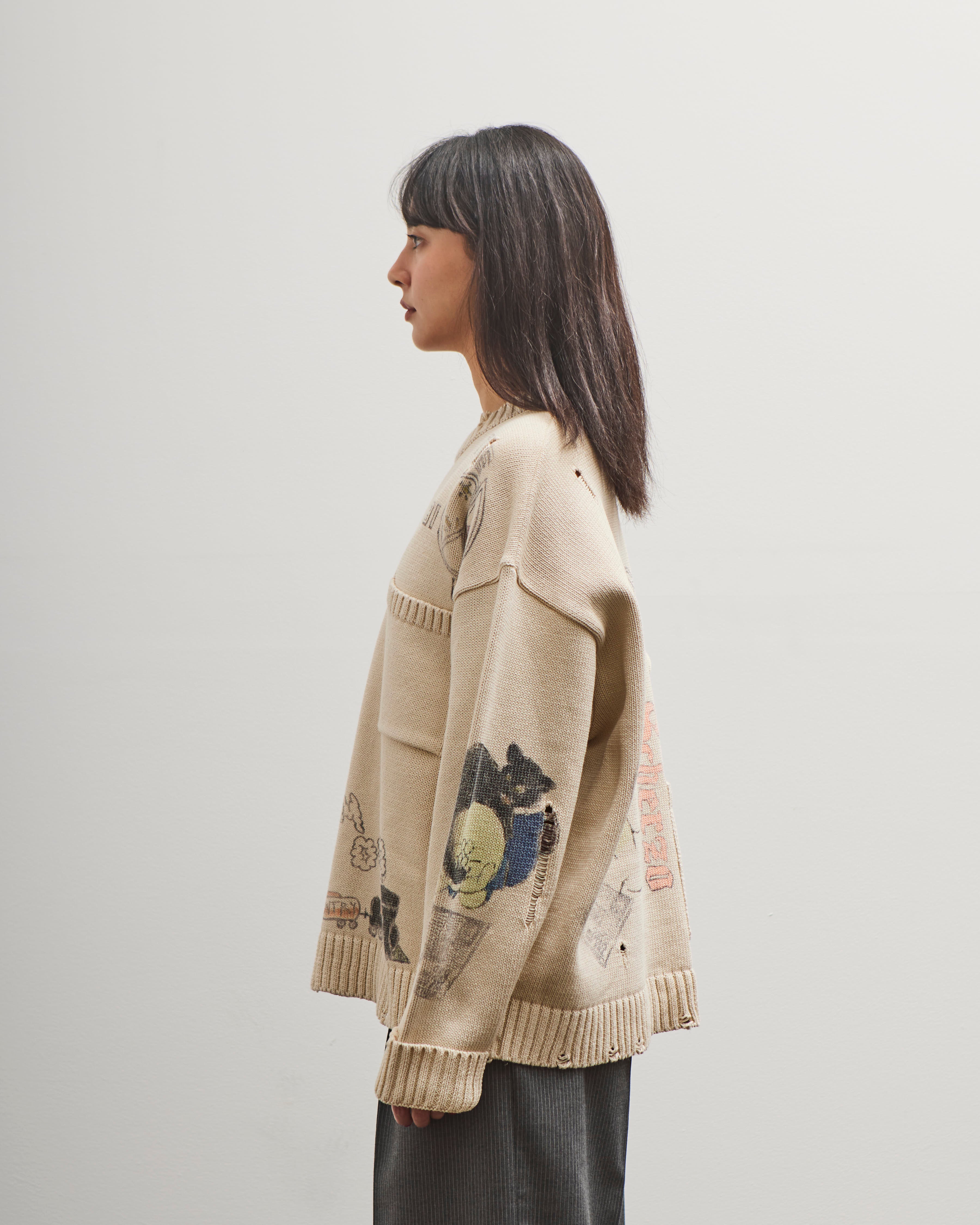 Kapital 5G Cotton Knit Crew Sweater (Memorial Paint Model), Ecru