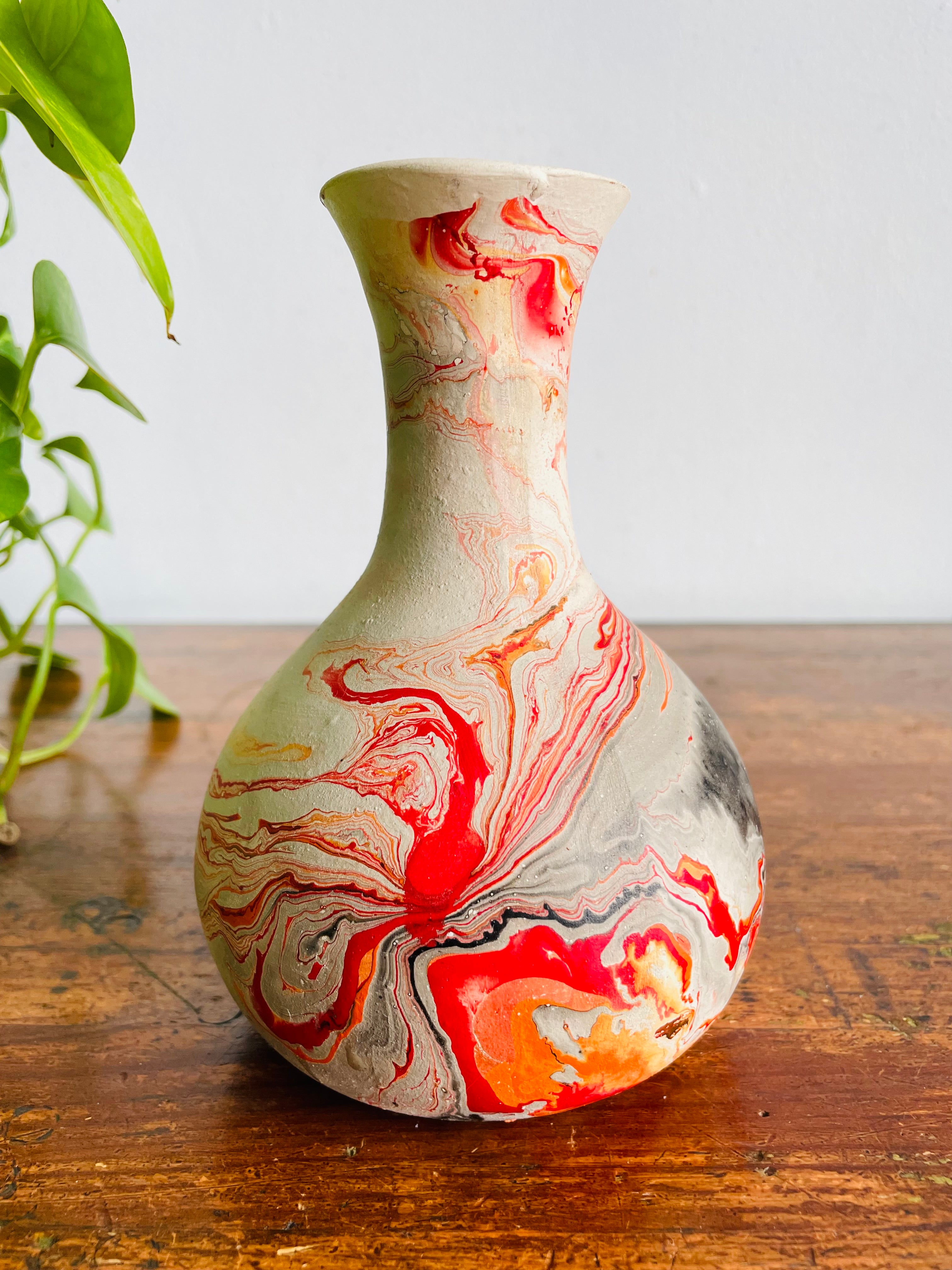 Vintage Nemadji Clay Pottery Vase - Red, Orange & Black Marbled