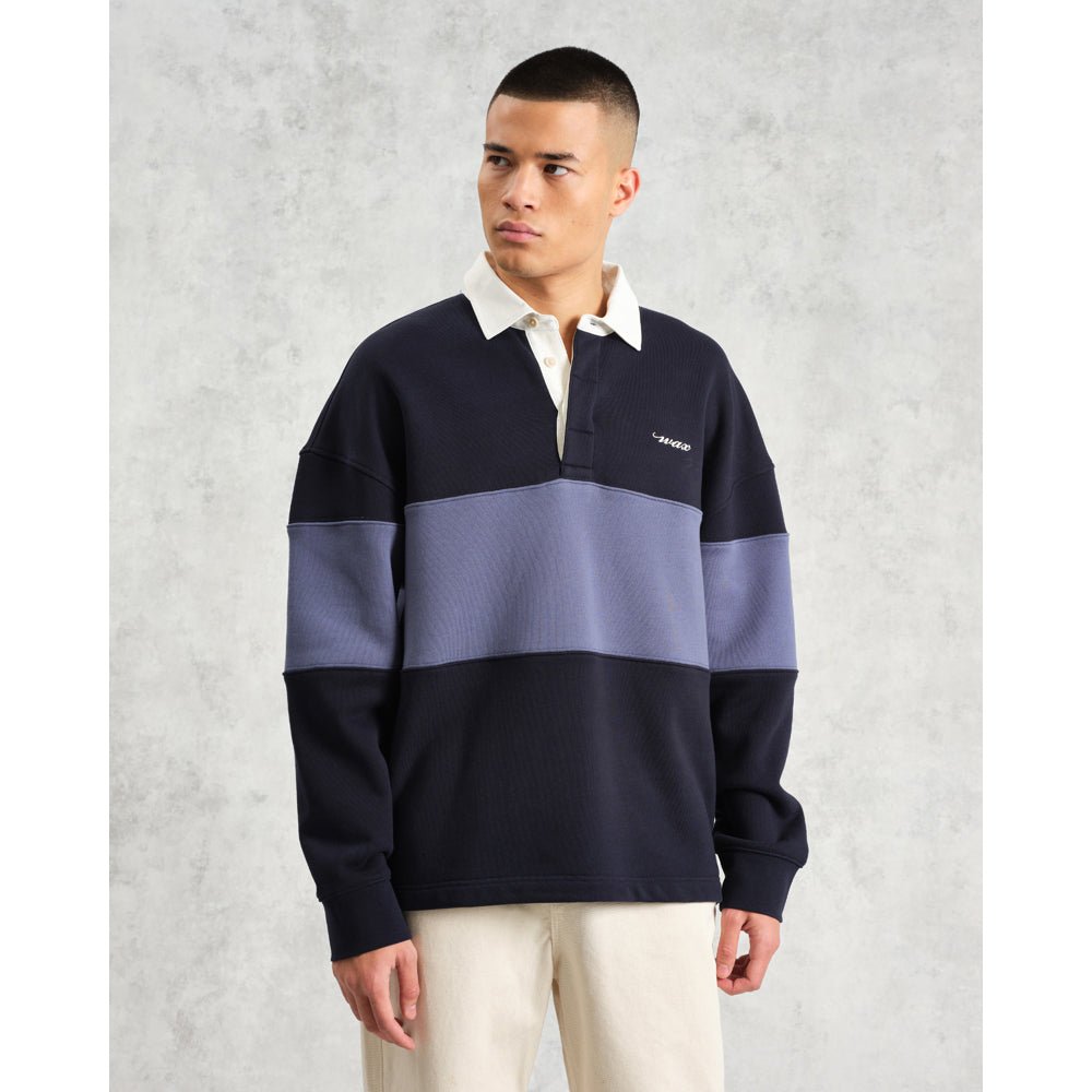 ラガーシャツ PANELLED LOOPBACK (NAVY/BLUE)【ワックスロンドン日本