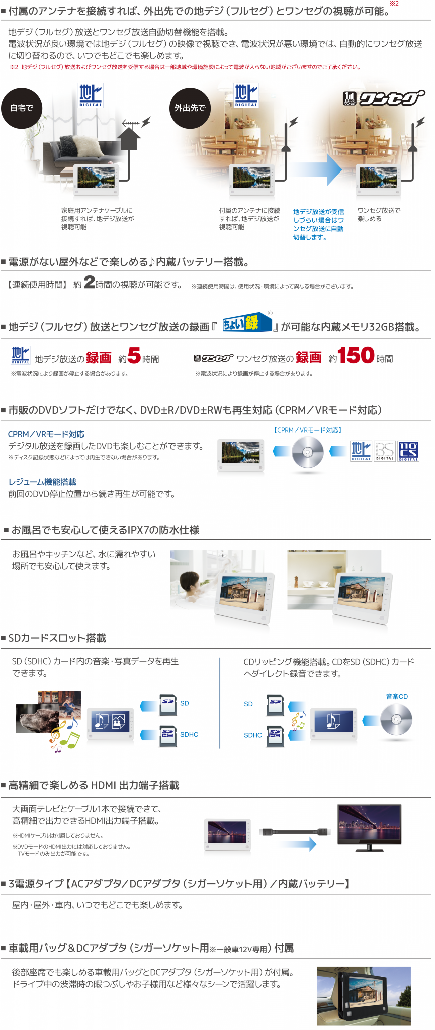 ちょい録 防水12インチ 内蔵メモリ搭載TV/DVDポータブルプレーヤー