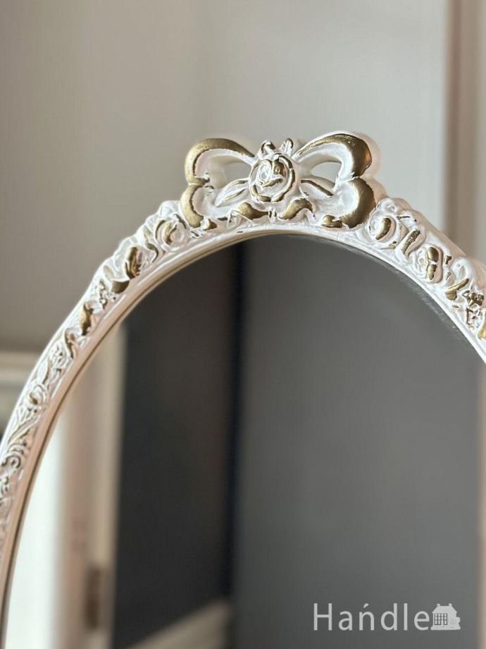大きなリボンが可愛いアンティークのミラー、フランスから届いた白い