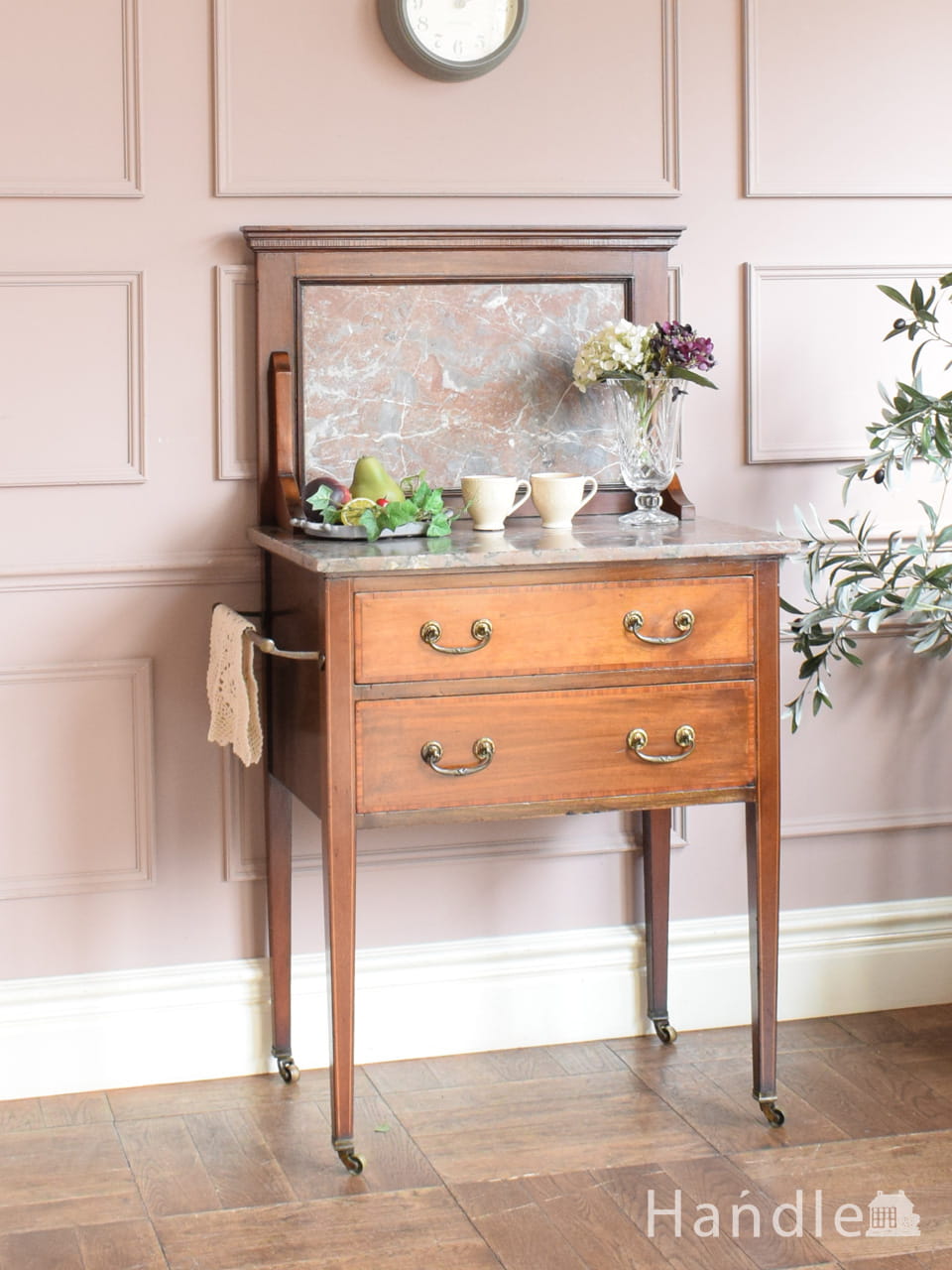 イギリスのアンティーク家具、美しいタイルとミラーが付いたウォッシュ