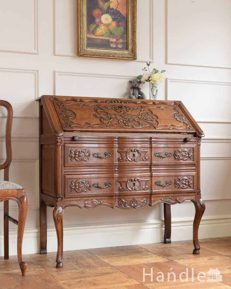 フランスらしい豪華な彫が自慢のアンティークビューロー（デスク）(j