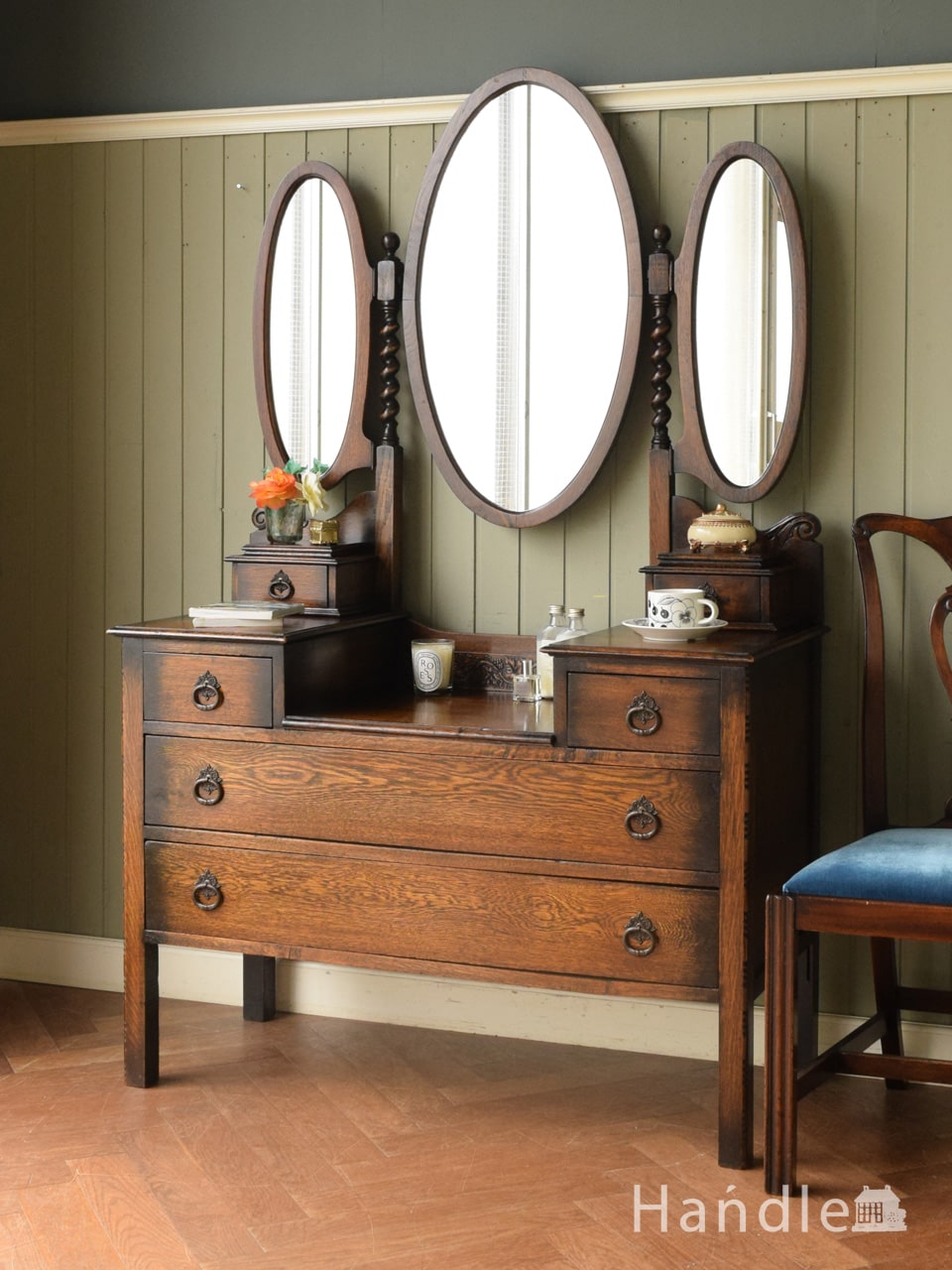 アンティーク】北欧レトロ 鏡台 3段引出し ドレッサー チェスト