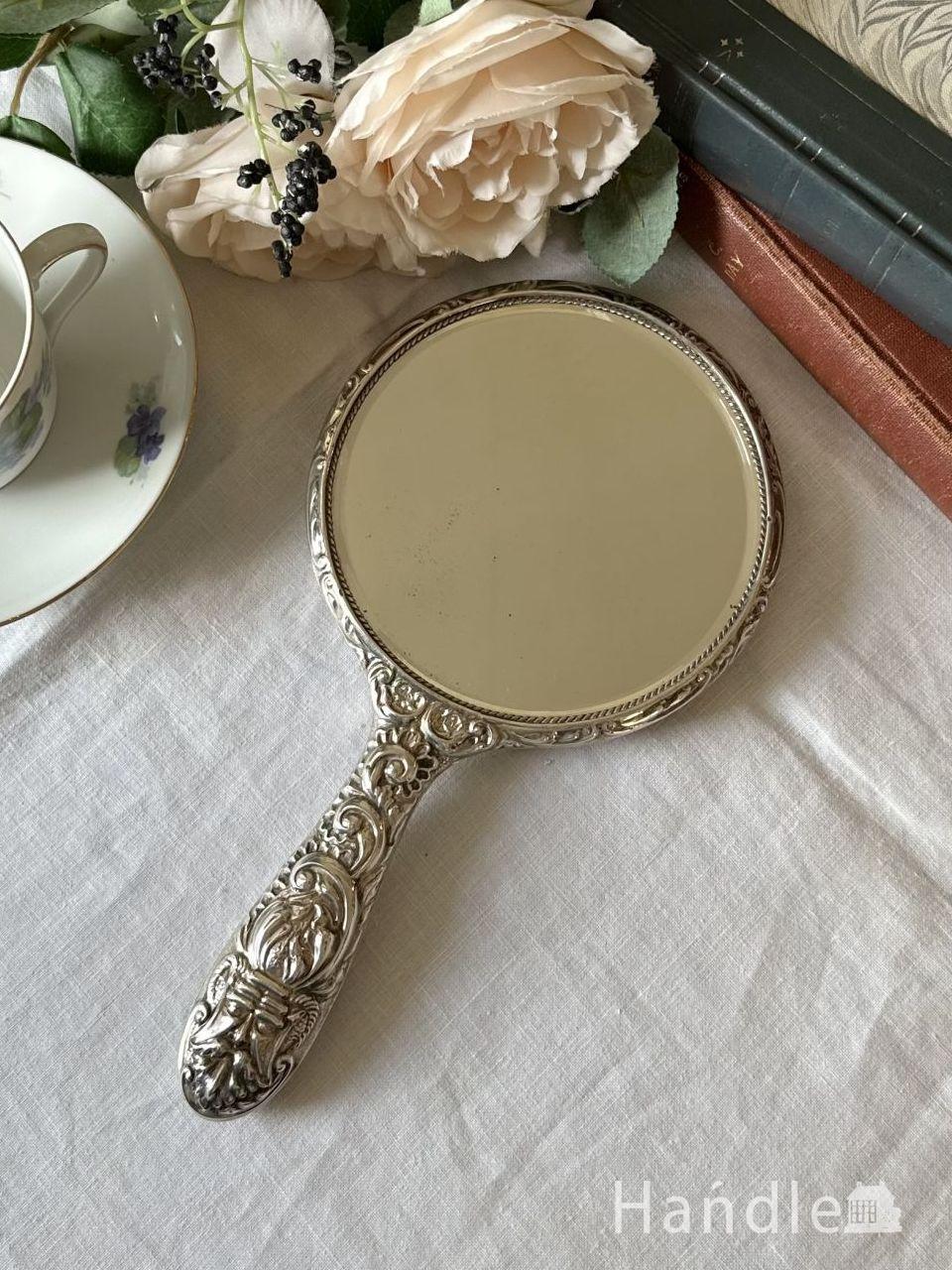 英国から届いたアンティークの手鏡、装飾が美しいハンドミラー(h-1114
