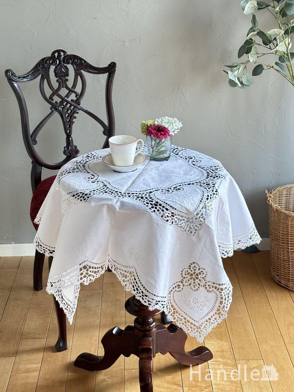 刺繍入りカットワ−クレ−スのロングテーブルクロスビンテージ