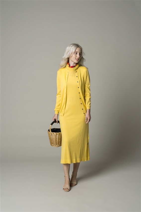シルク混カシミア スリーブレス ロングワンピース イエロー/11-7143