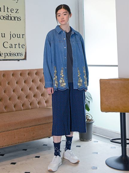 フラワーワンポイント刺繍 コットンブロークンドビーチェックガウチョ