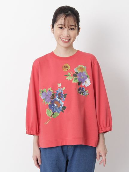 ブラーレッドフラワープリント裏毛プルオーバー（スウェット