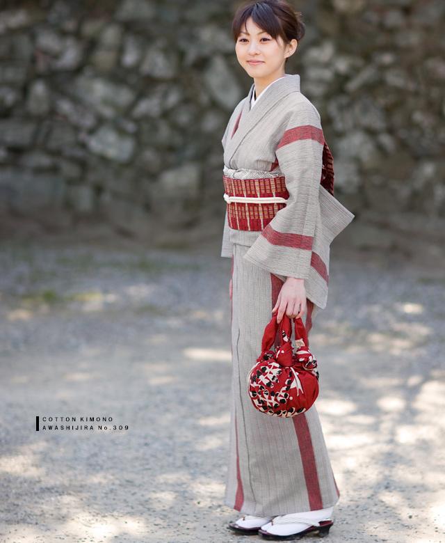 阿波しじら織 着物 多色サンド縞にエンジライン No.309 – ふだんきもの