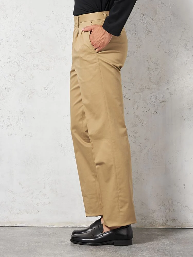 ベージュ 【ツータック】チノパン 折り目加工 無地 カジュアルパンツ