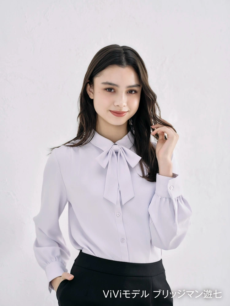 ラベンダー 【2WAYリボン付】長袖 ブラウス レギュラーカラー