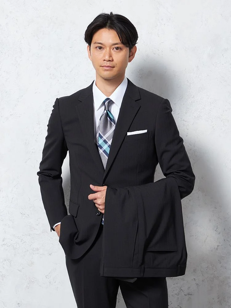 上下ウォッシャブル】スーツ 2つボタン ツーパンツ ブラック無地 脚長