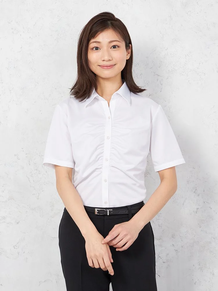 完全ノーアイロン】i-shirtバイオセンサー 半袖 ブラウス ギャザー