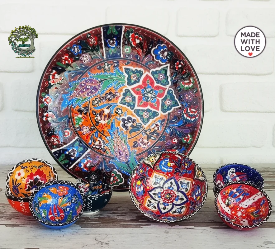 9x Handmade Ceramic Serving Bowls & Tray Set of 9 Turkish
