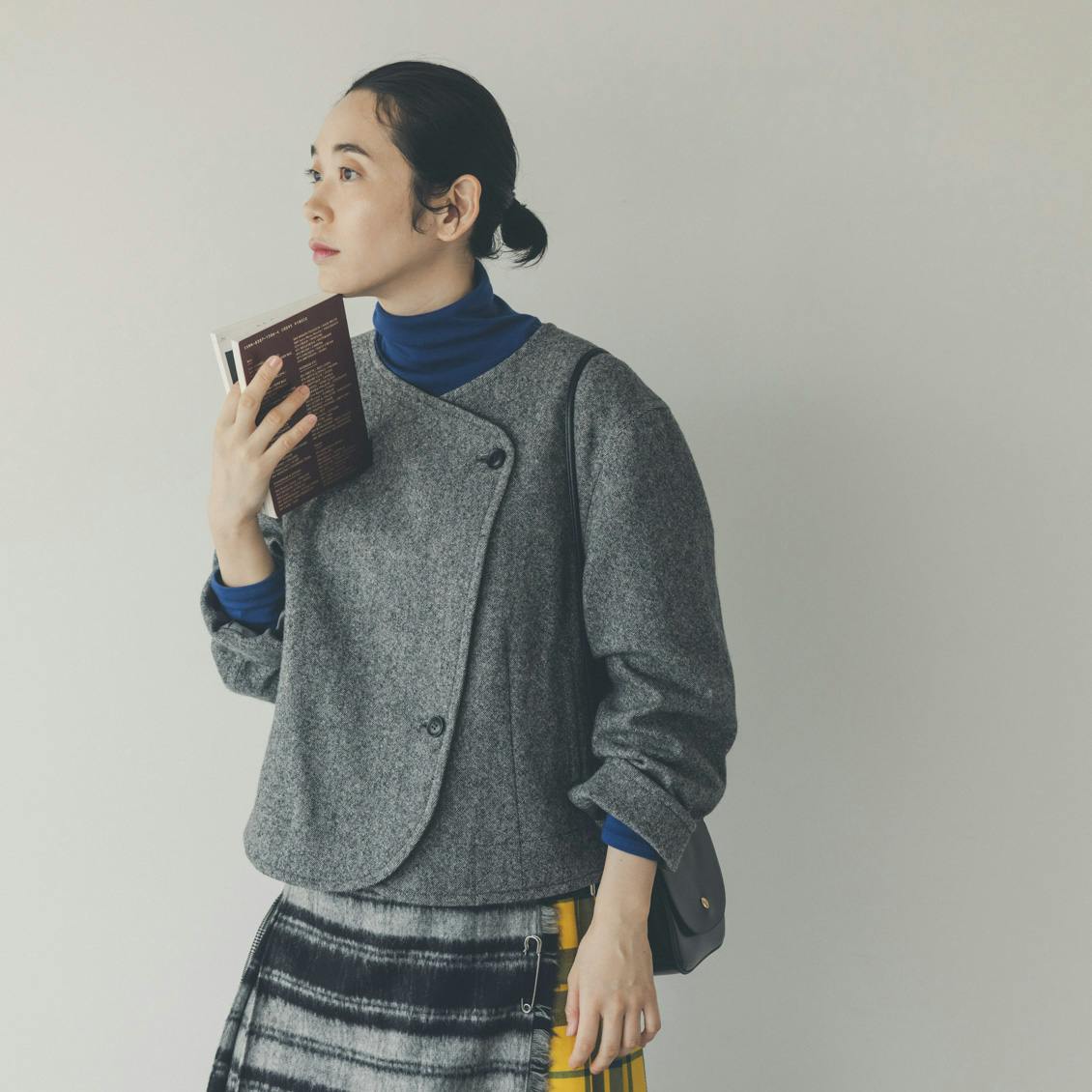 北欧、暮らしの道具店 ツイード柄 ニットジャケット ブラック