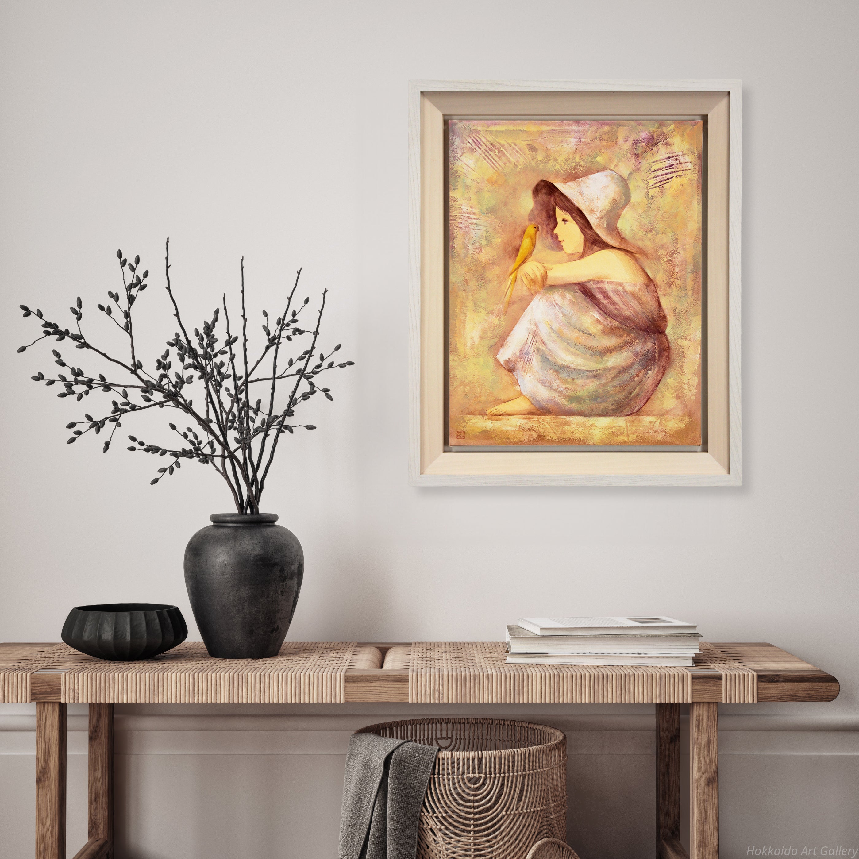 伊藤順一 『インコと少女』 油彩画 - 北海道画廊