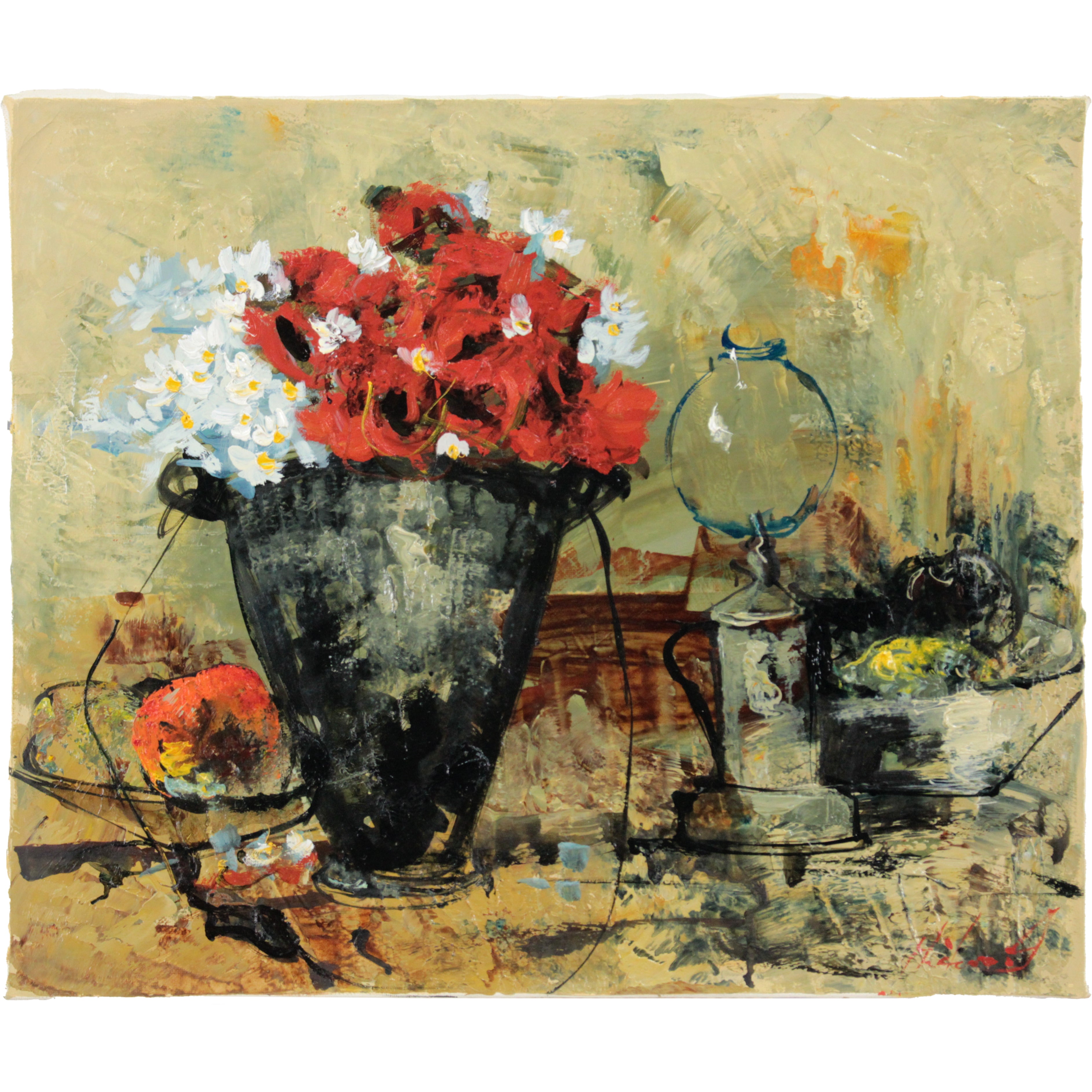 池田秀郎 『赤い花とランプ』 油彩画 - 北海道画廊