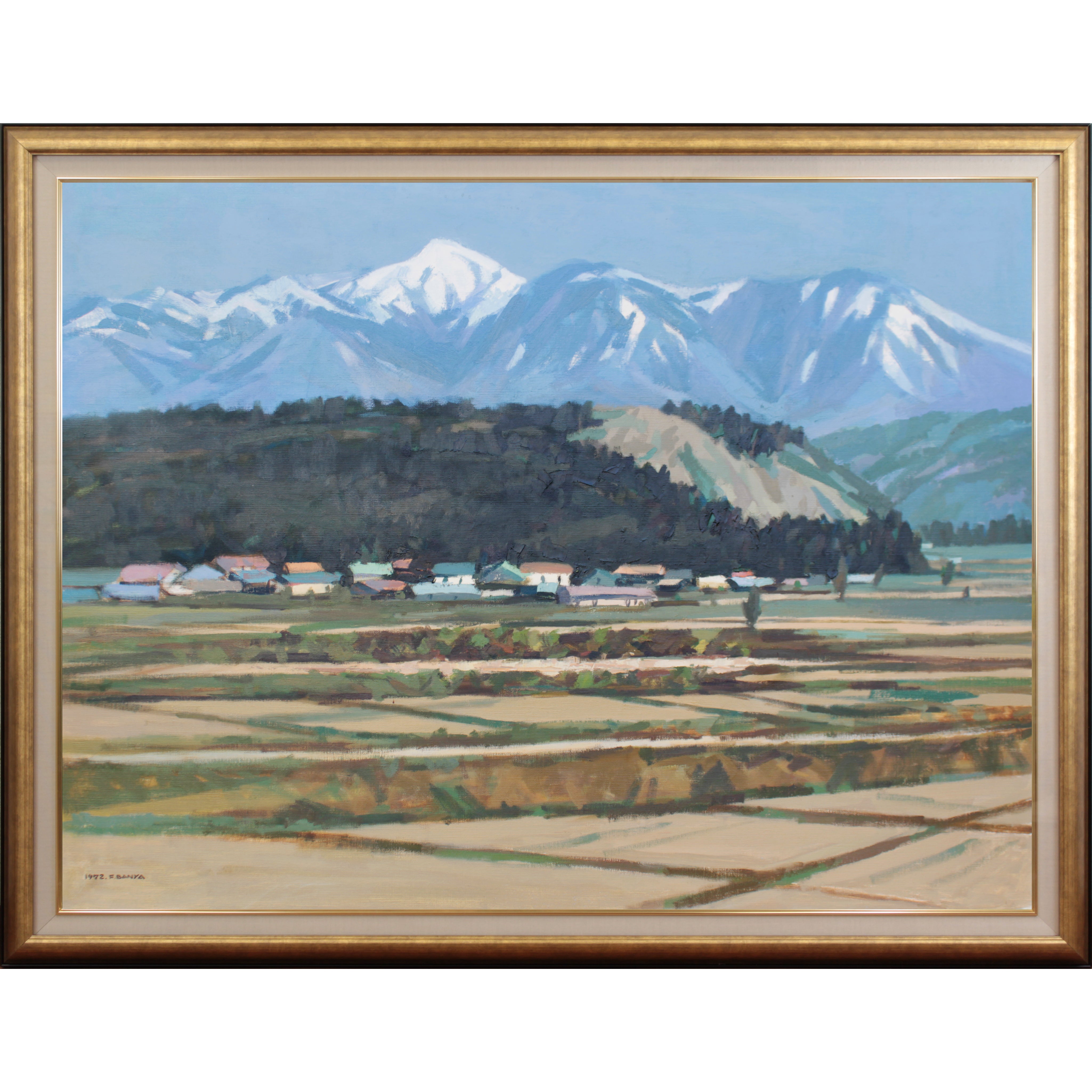 萬谷藤男 『山村風景』 油彩画 - 北海道画廊