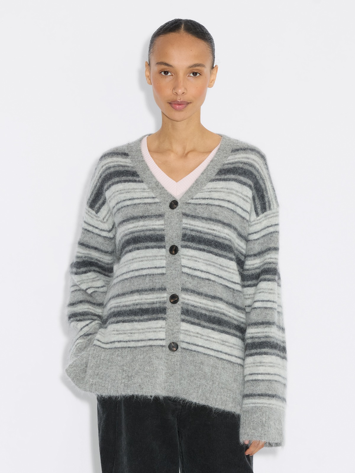 Fluffy Stripe Cardigan - Grey Stripe - Holzweiler