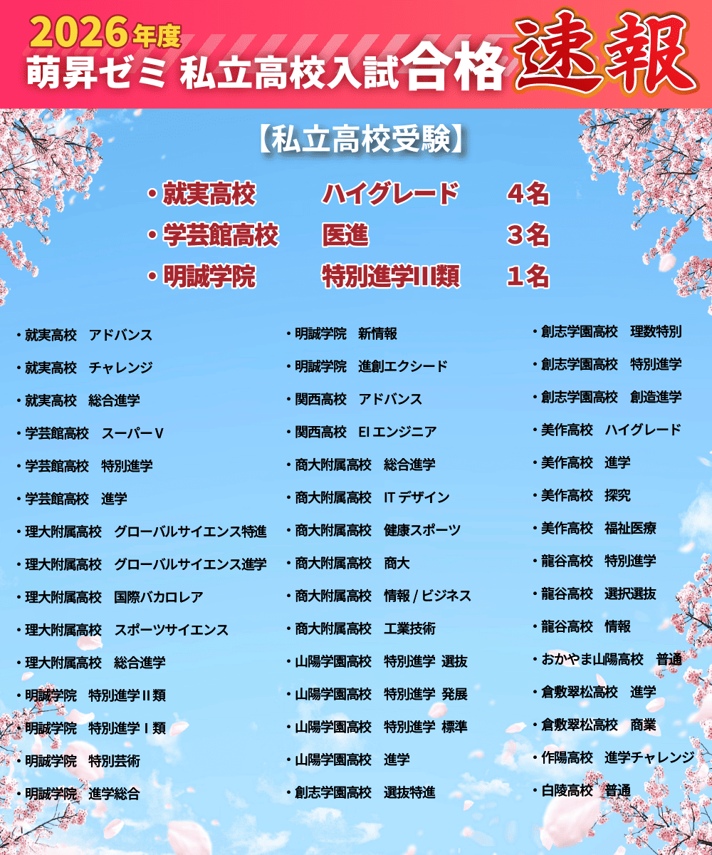 合格速報2026 - 萌昇ゼミ少人数制学習塾 萌昇ゼミ：岡山で最も質問し