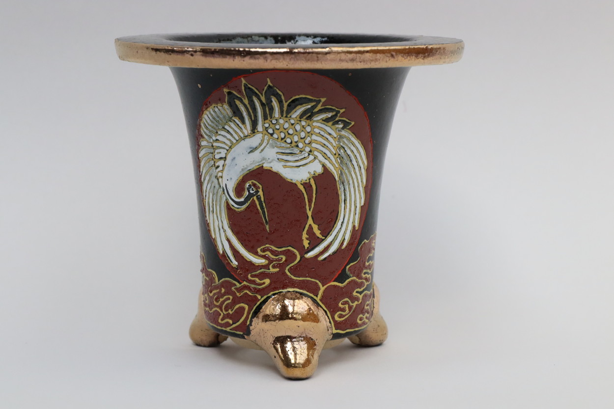 豊明園 / 2618,鶴 万年青鉢 外径約10.4cm 亘サイン 新鉢