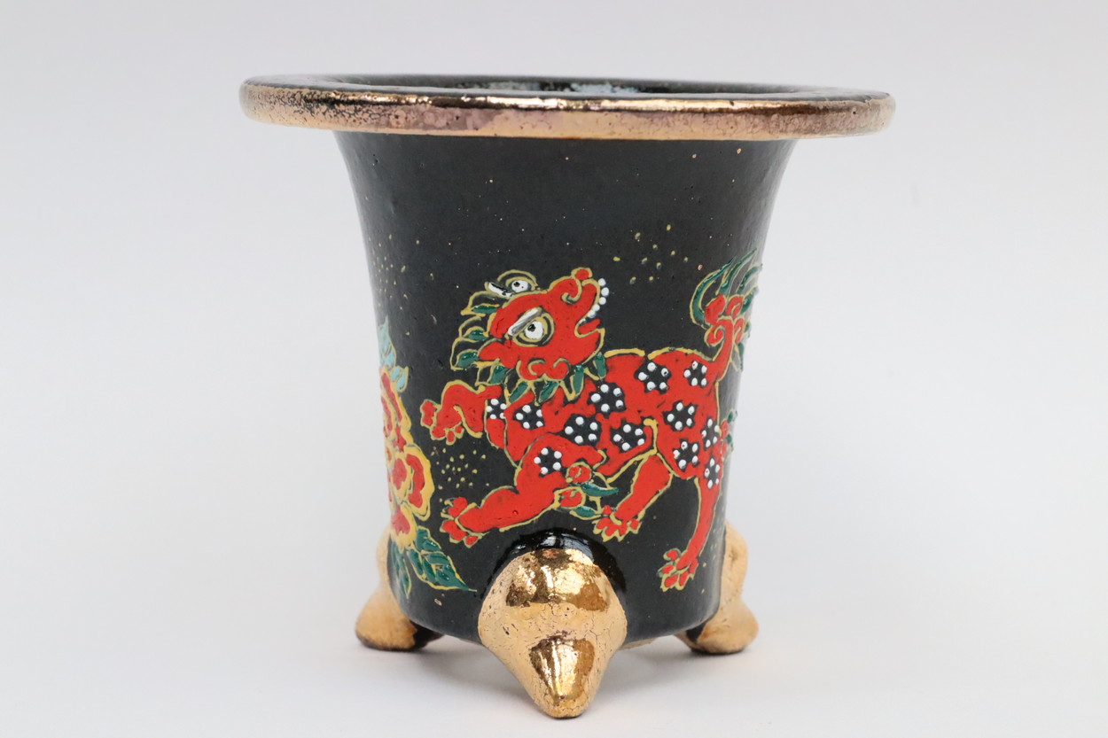 豊明園 / 2307,赤獅子 萬年青楽鉢 外径約9.5cm 亘サイン 新鉢