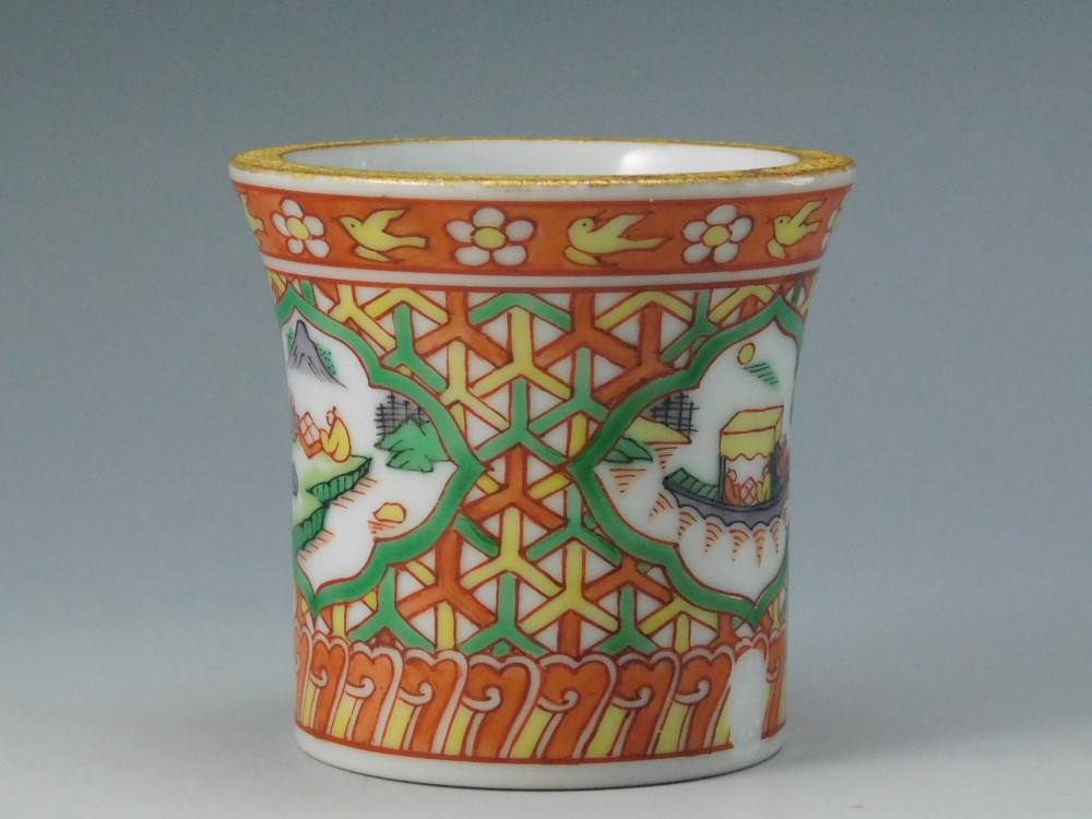 五世 三浦竹泉作 色絵山水図蓋置 茶道具 共箱⁄共布