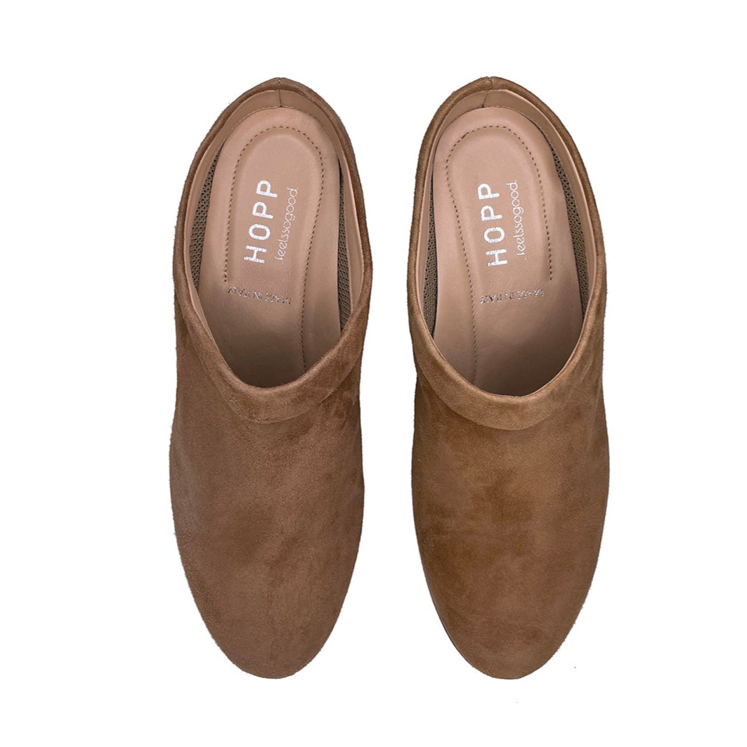 Collared Mule - Caramel Suede. Comfortable and Chic Women's Shoes