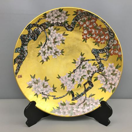 琥山窯 飾皿 桜絵金箔押額皿 直径約45cm 九谷焼 琥山作 飾り皿 未使用