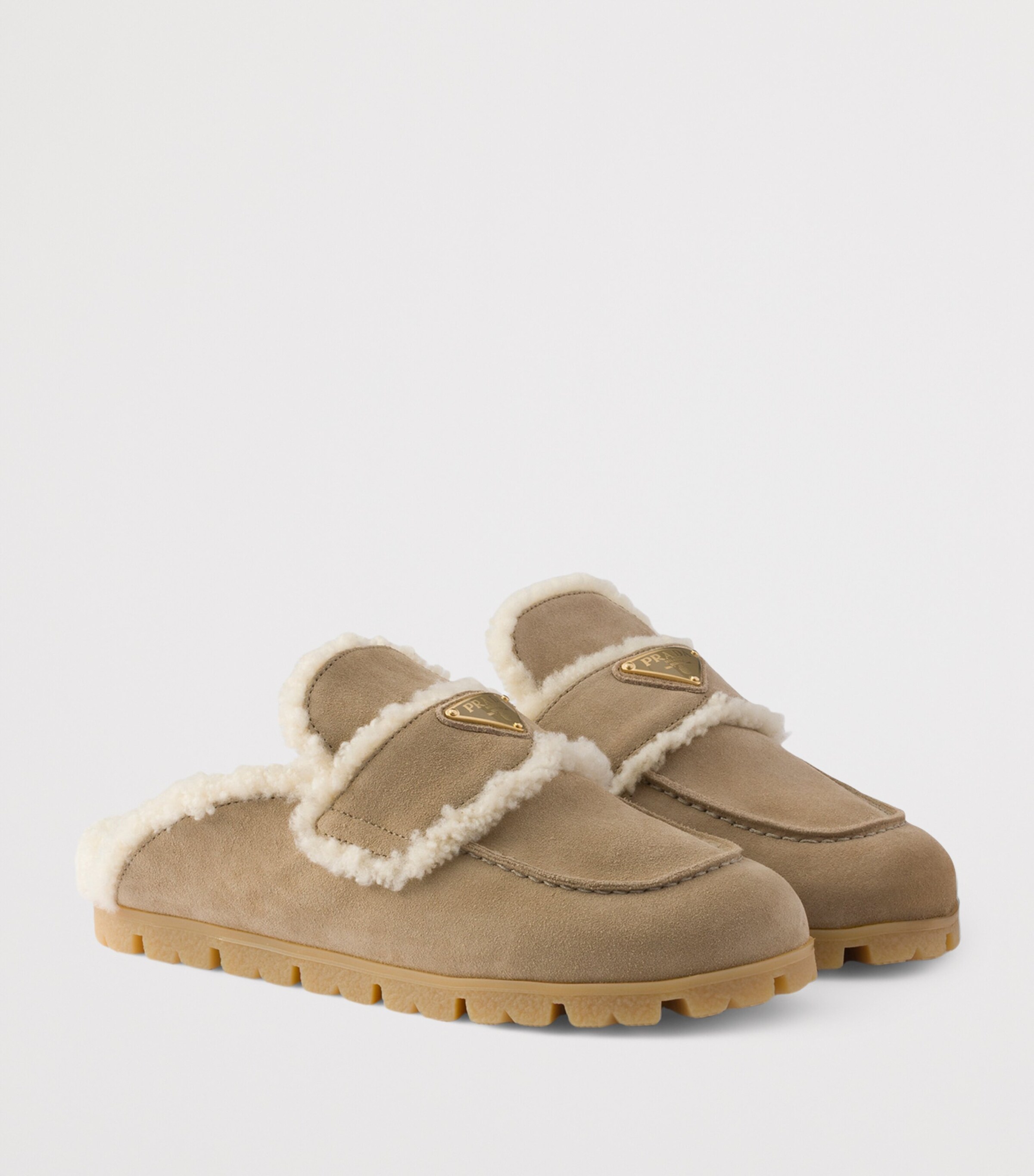 Prada Neutral Suede Shearling-Lined Mules | Harrods UK